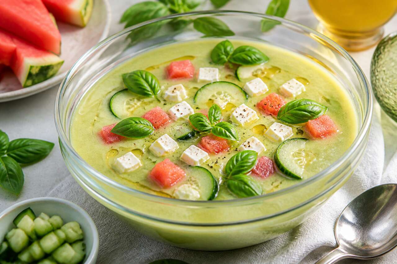 Recette de gaspacho vert à la pastèque et brocciu par Cyril Lignac