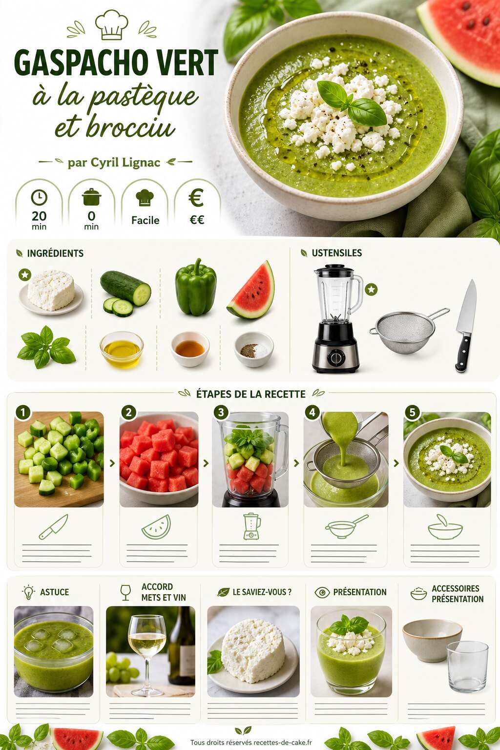 Fiche recette Recette de gaspacho vert à la pastèque et brocciu par Cyril Lignac Fiche recette Recette de gaspacho vert à la pastèque et brocciu par Cyril Lignac