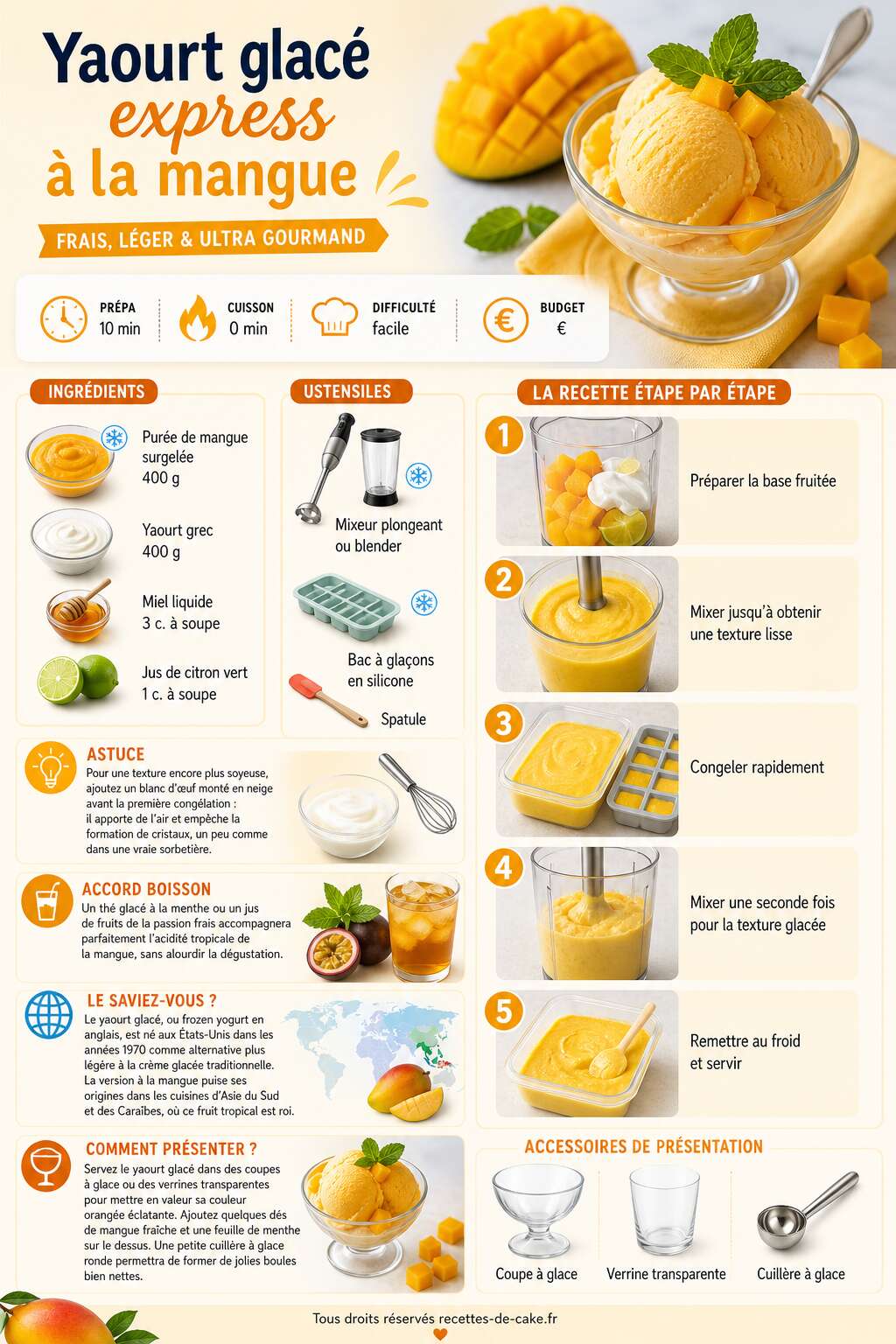 Fiche recette Yaourt glacé express à la mangue : recette facile et rapide Fiche recette Yaourt glacé express à la mangue : recette facile et rapide
