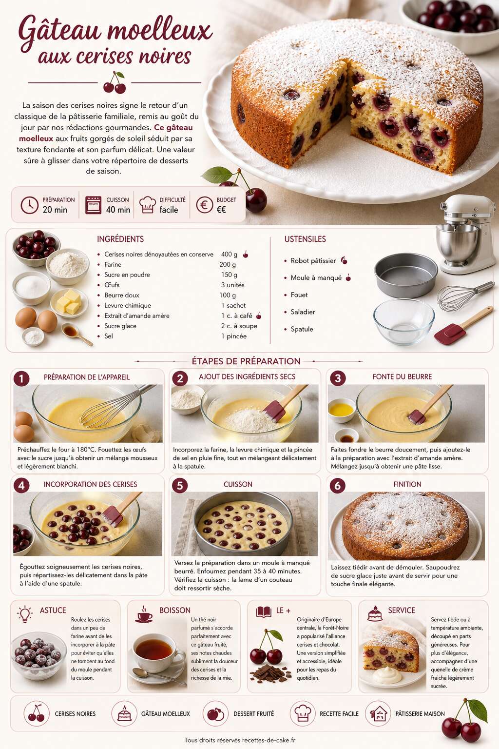 Fiche recette Recette de gâteau aux cerises noires moelleux Fiche recette Recette de gâteau aux cerises noires moelleux