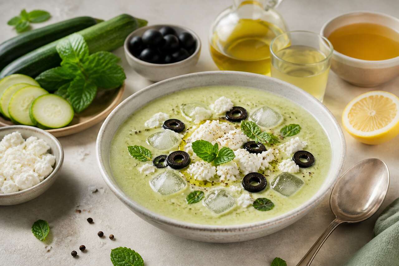 Soupe glacée de courgettes, chèvre frais et olives noires