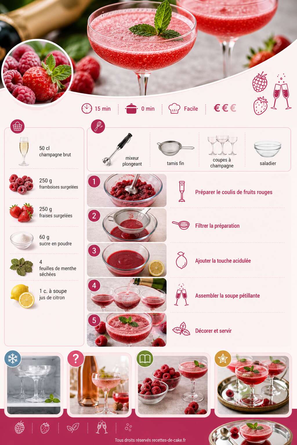 Fiche recette Soupe de champagne framboise et fraise : une recette pétillante et fruitée Fiche recette Soupe de champagne framboise et fraise : une recette pétillante et fruitée