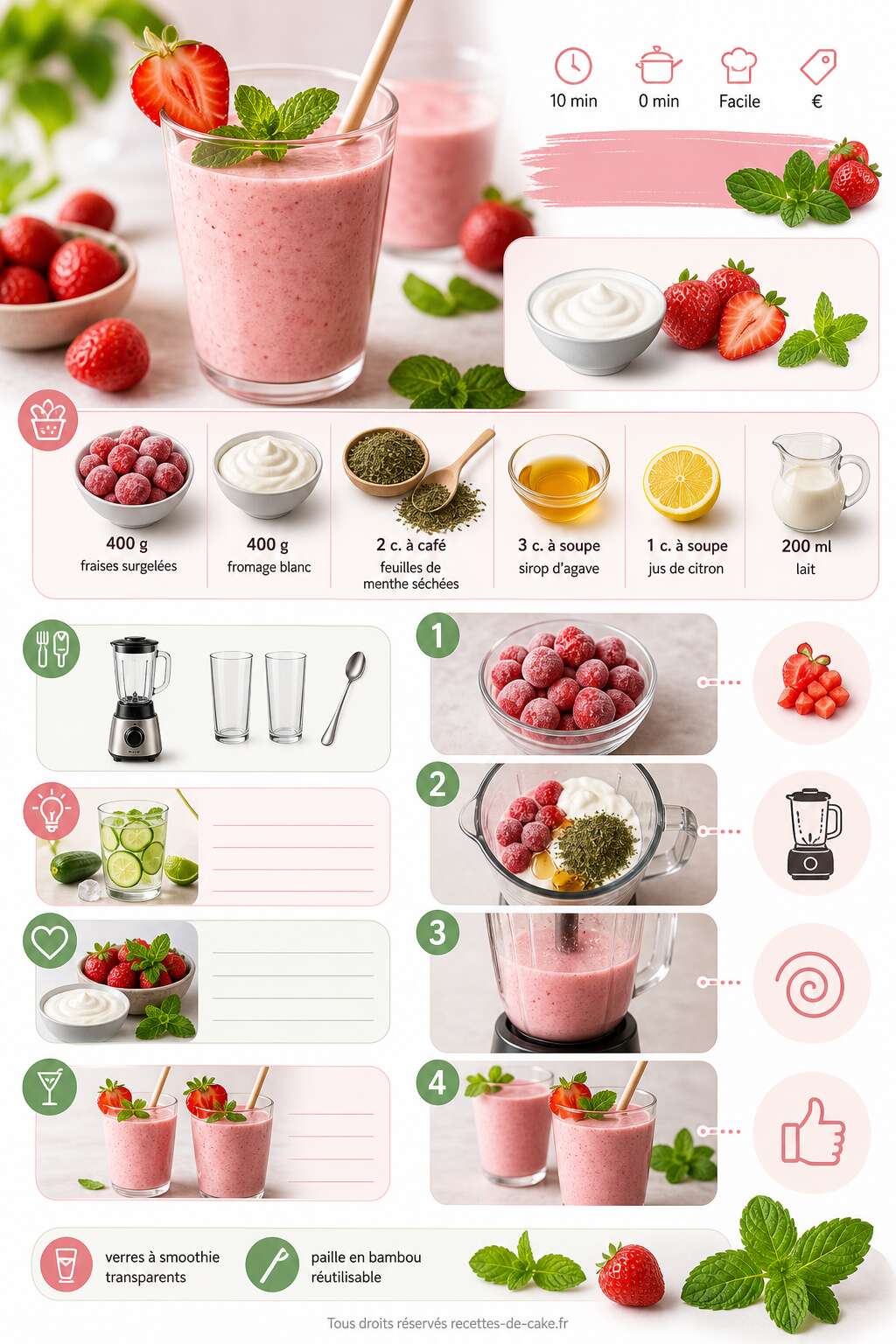 Fiche recette Smoothie fraises, fromage blanc et menthe : recette rafraîchissante Fiche recette Smoothie fraises, fromage blanc et menthe : recette rafraîchissante