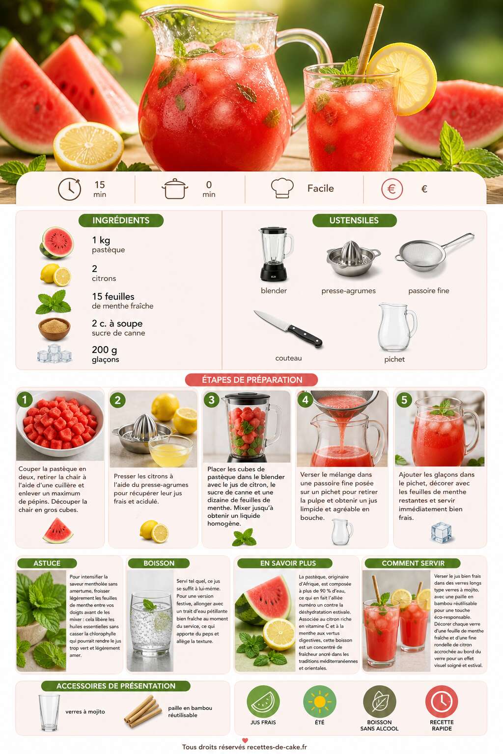 Fiche recette Jus de pastèque au citron et à la menthe : recette fraîche et désaltérante Fiche recette Jus de pastèque au citron et à la menthe : recette fraîche et désaltérante