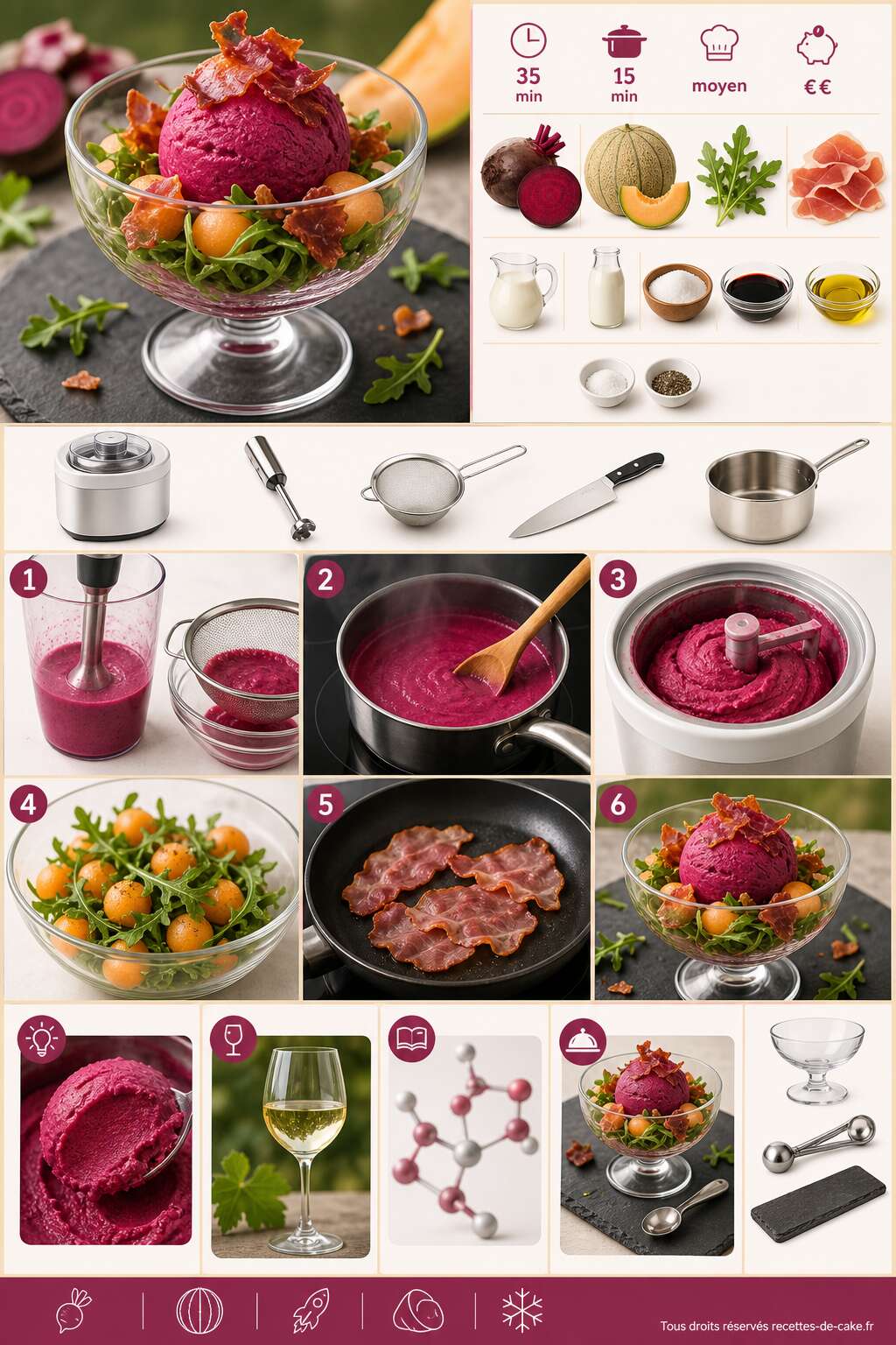 Fiche recette Glace à la betterave, melon, roquette et jambon fumé : recette originale Fiche recette Glace à la betterave, melon, roquette et jambon fumé : recette originale