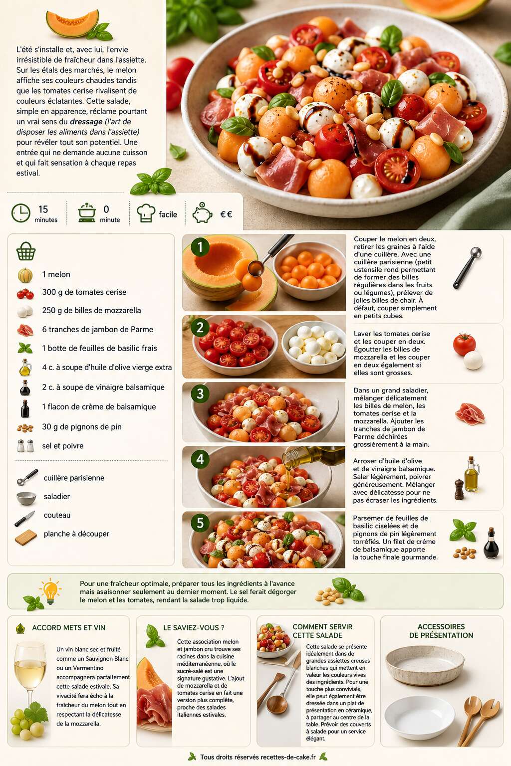 Fiche recette Salade de melon, tomates cerise et mozzarella : recette simple et fraîche Fiche recette Salade de melon, tomates cerise et mozzarella : recette simple et fraîche