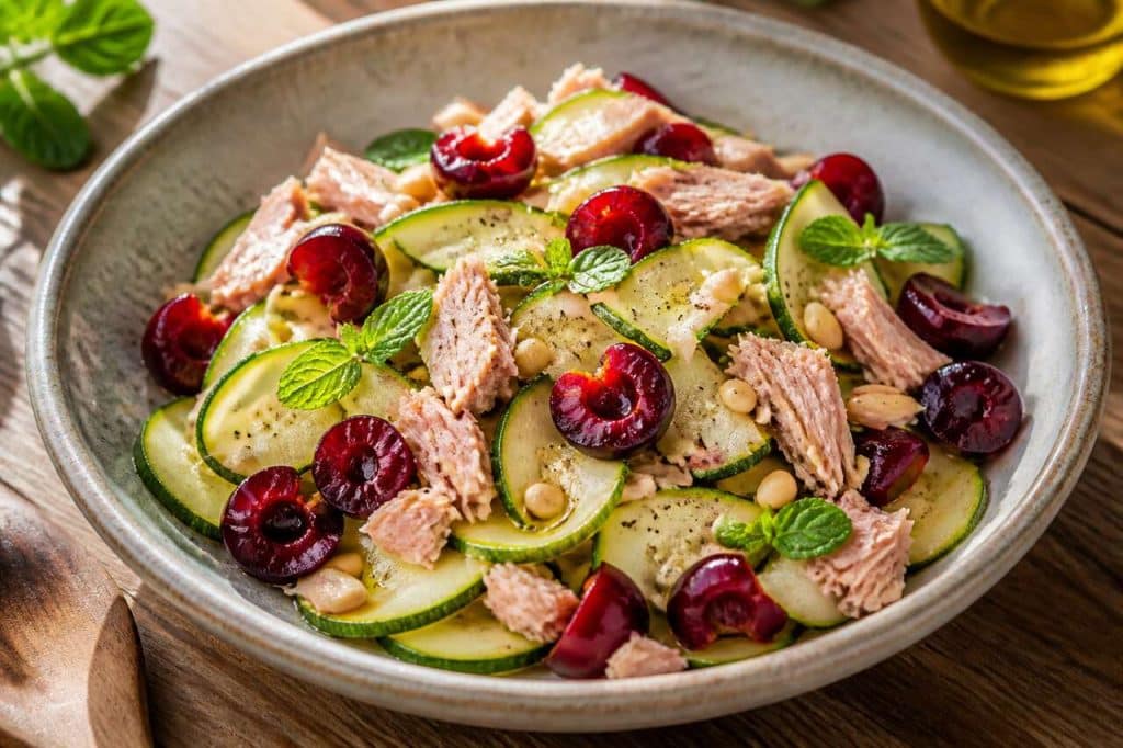 Salade de courgettes, menthe, thon et cerises par Cyril Lignac