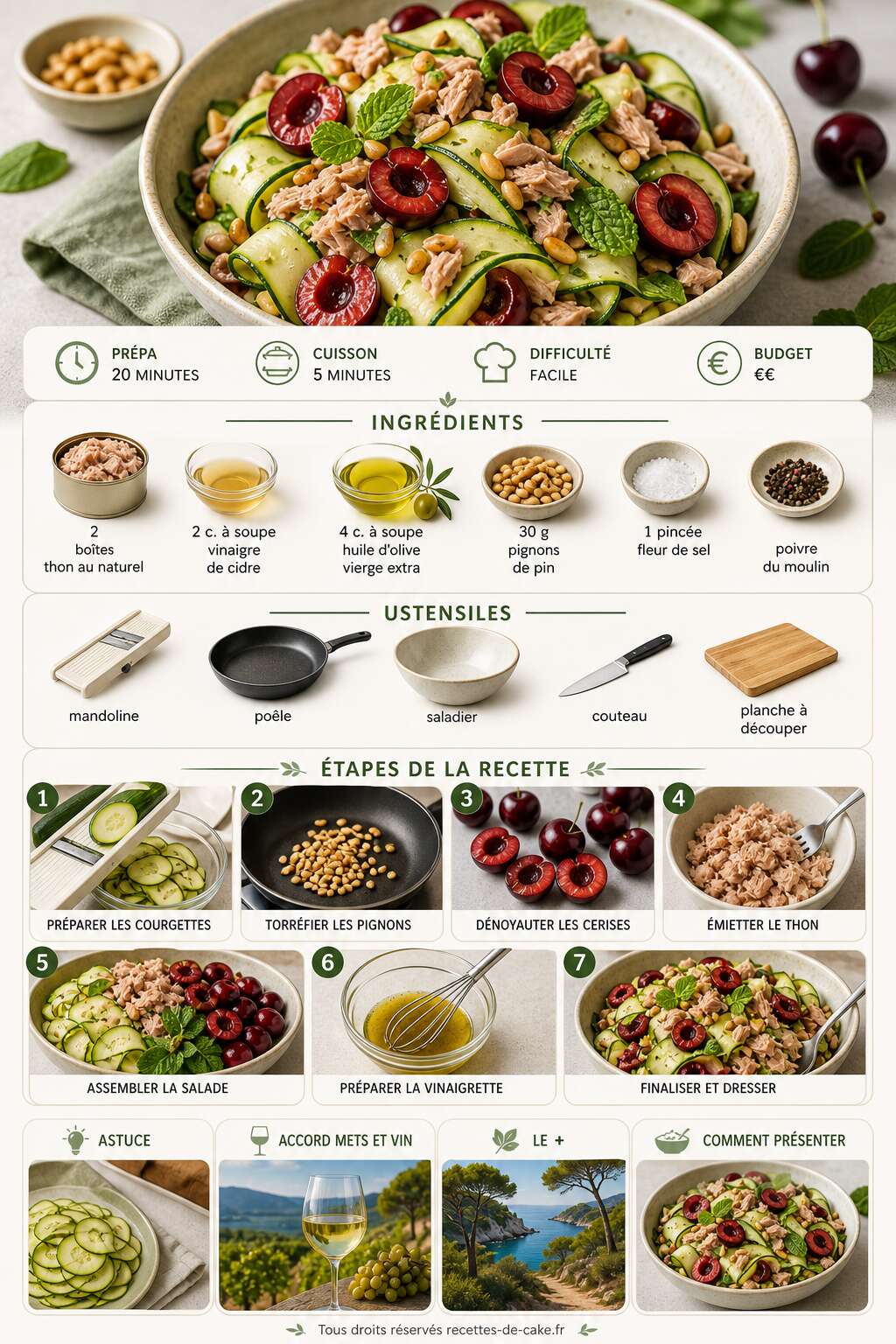 Fiche recette Salade de courgettes, menthe, thon et cerises par Cyril Lignac Fiche recette Salade de courgettes, menthe, thon et cerises par Cyril Lignac