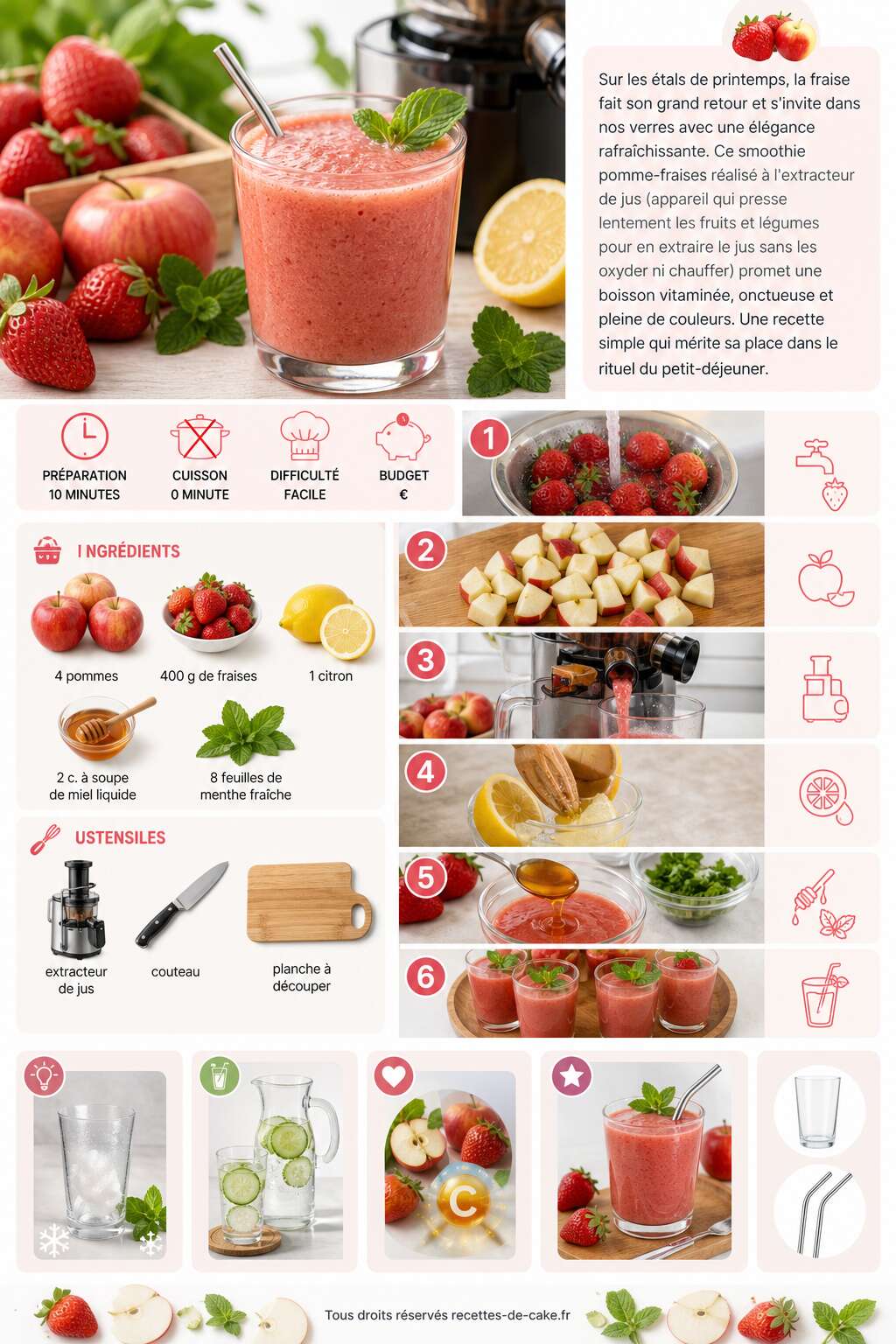 Fiche recette Smoothie pomme-fraises à l'extracteur de jus Fiche recette Smoothie pomme-fraises à l'extracteur de jus