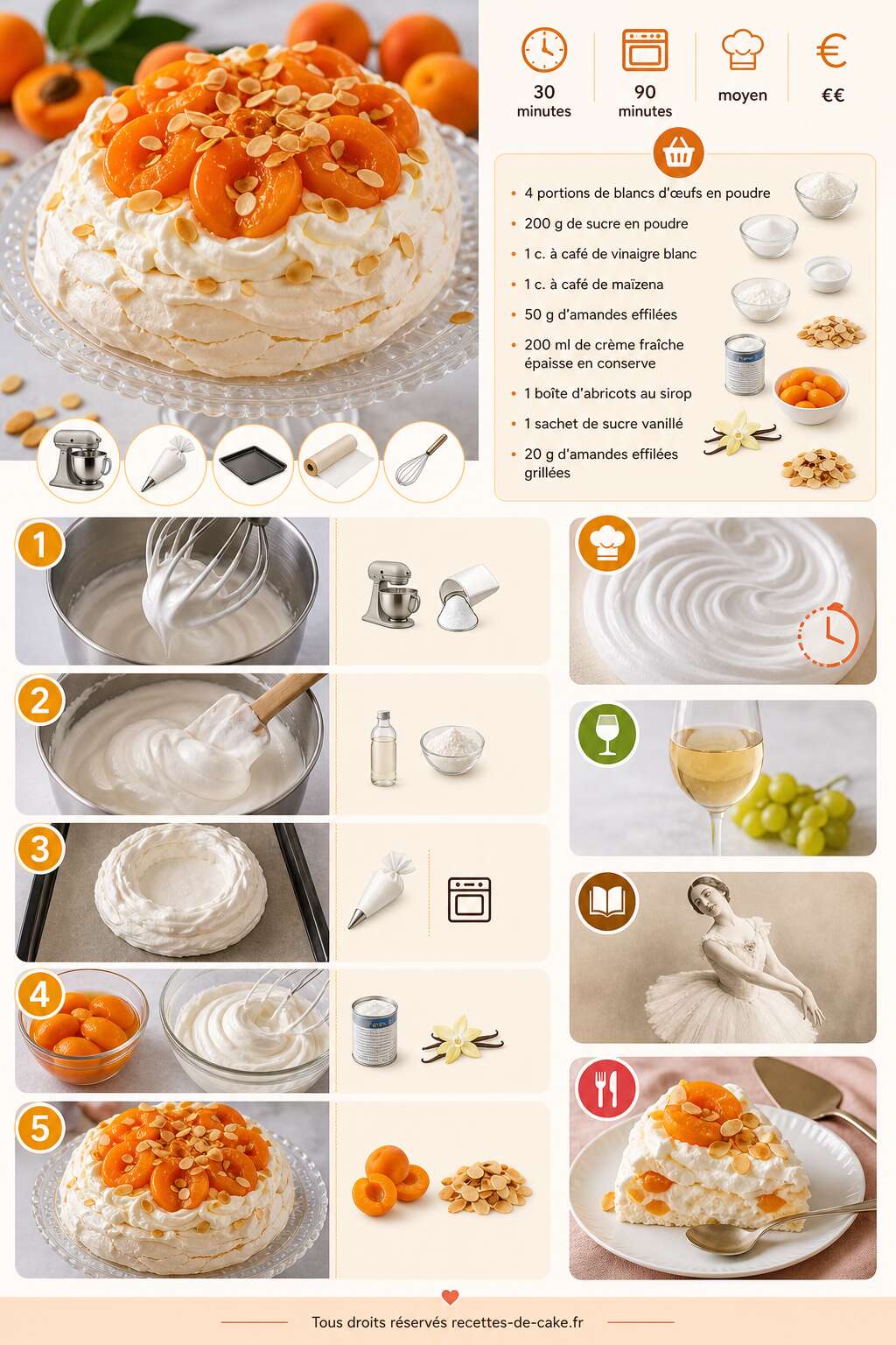 Fiche recette Pavlova abricot, amandes et crème fraîche : recette gourmande Fiche recette Pavlova abricot, amandes et crème fraîche : recette gourmande