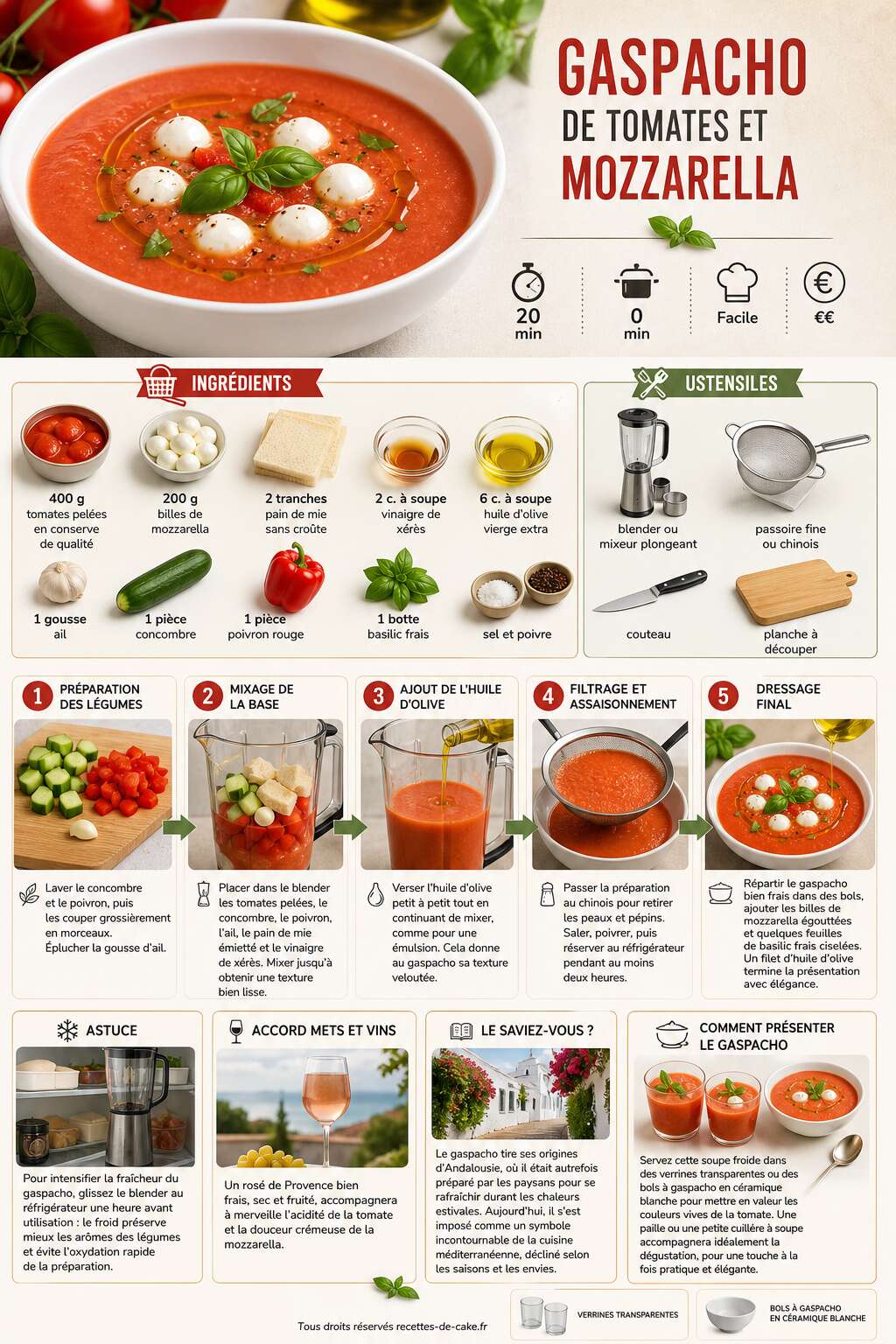 Fiche recette Gaspacho de tomates et mozzarella : recette rafraîchissante Fiche recette Gaspacho de tomates et mozzarella : recette rafraîchissante