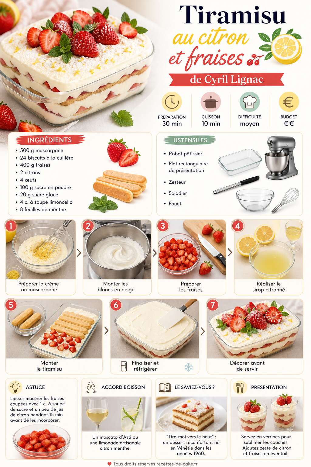 Fiche recette Recette tiramisu au citron et fraises de Cyril Lignac Fiche recette Recette tiramisu au citron et fraises de Cyril Lignac