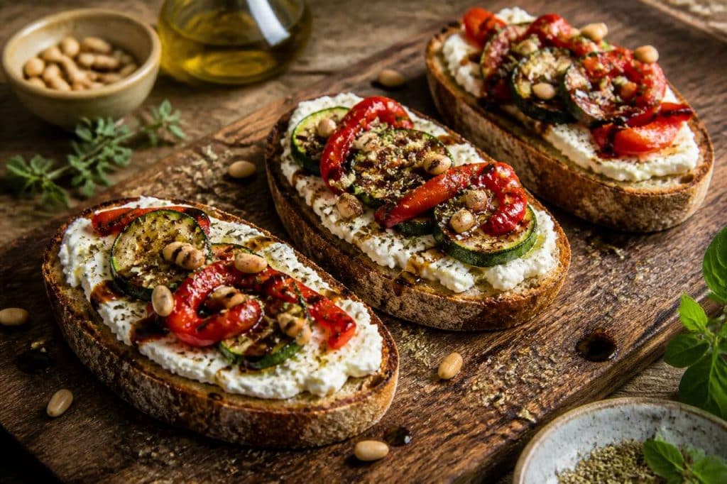 Tartines de feta aux pignons, courgettes et poivrons grillés