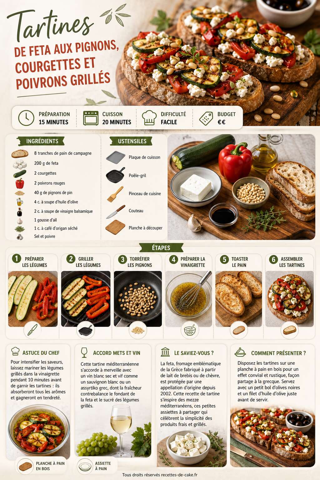 Fiche recette Tartines de feta aux pignons, courgettes et poivrons grillés Fiche recette Tartines de feta aux pignons, courgettes et poivrons grillés