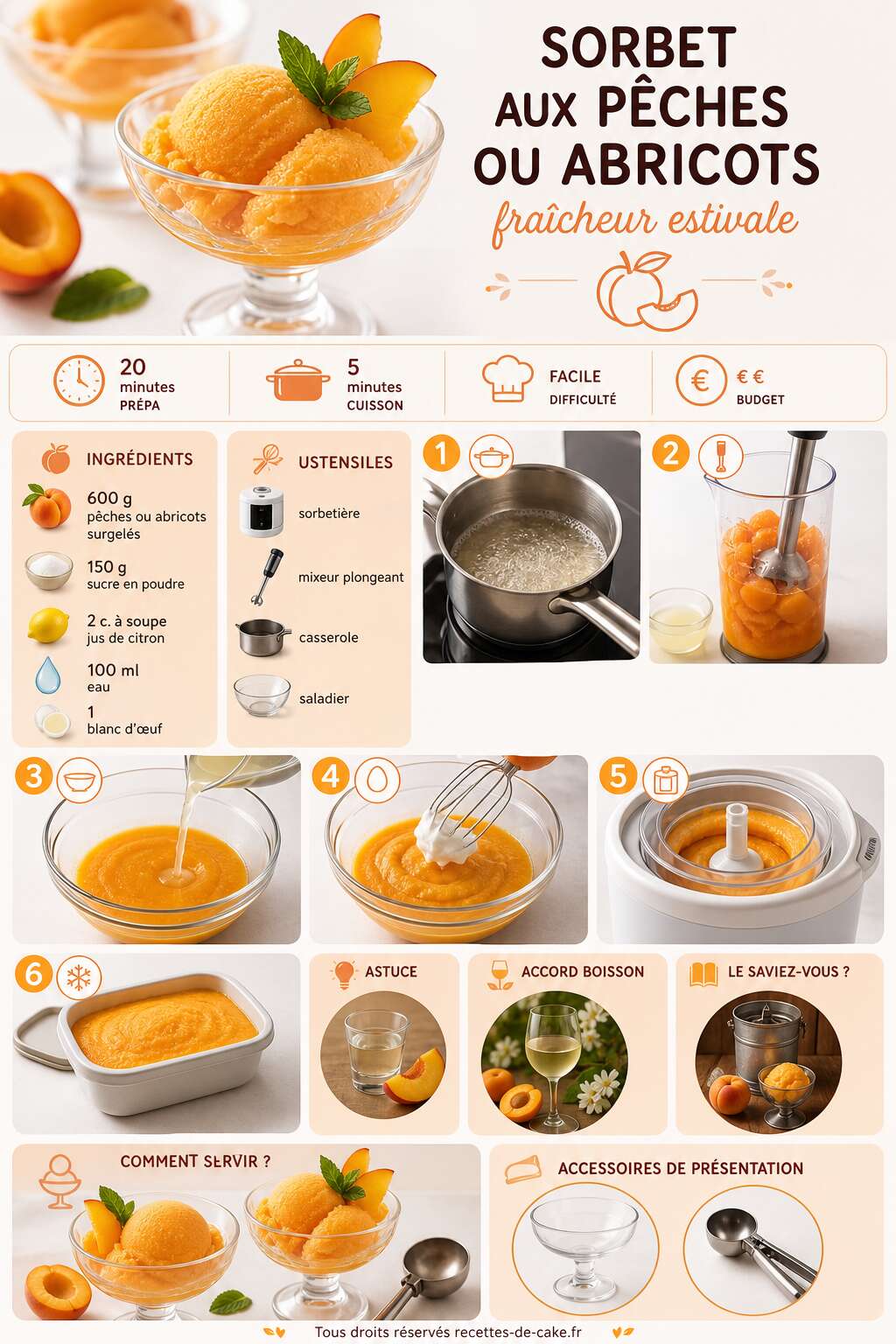 Fiche recette Recette de sorbet aux pêches ou abricots : fraîcheur estivale Fiche recette Recette de sorbet aux pêches ou abricots : fraîcheur estivale