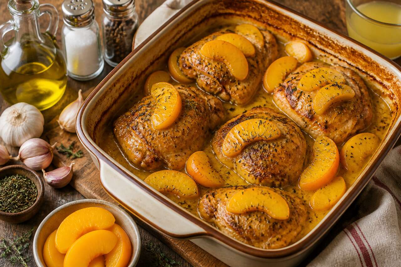 Poulet aux pêches au four : recette gourmande