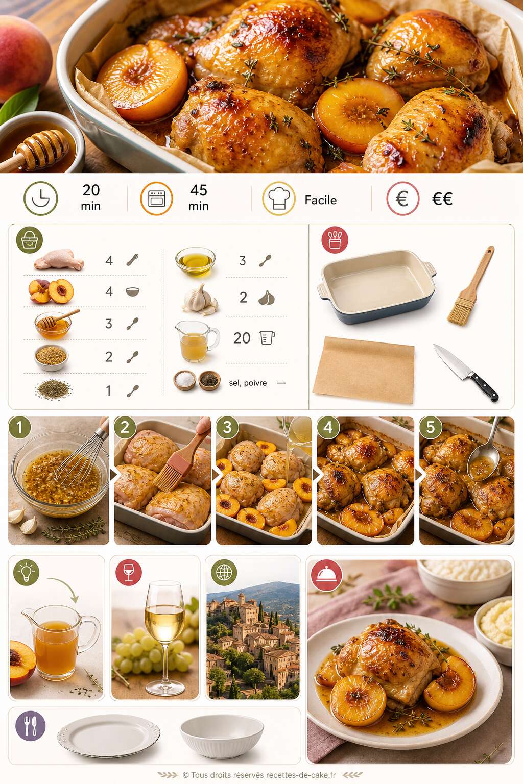 Fiche recette Poulet aux pêches au four : recette gourmande Fiche recette Poulet aux pêches au four : recette gourmande