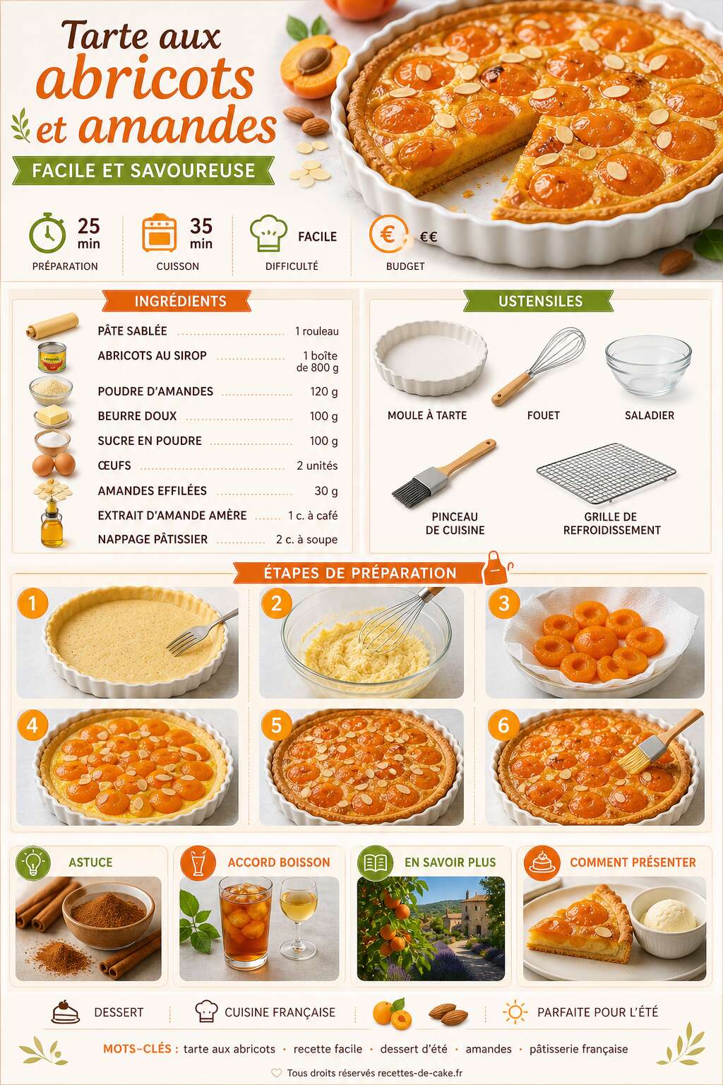 Fiche recette Tarte aux abricots et amandes : recette facile et savoureuse Fiche recette Tarte aux abricots et amandes : recette facile et savoureuse