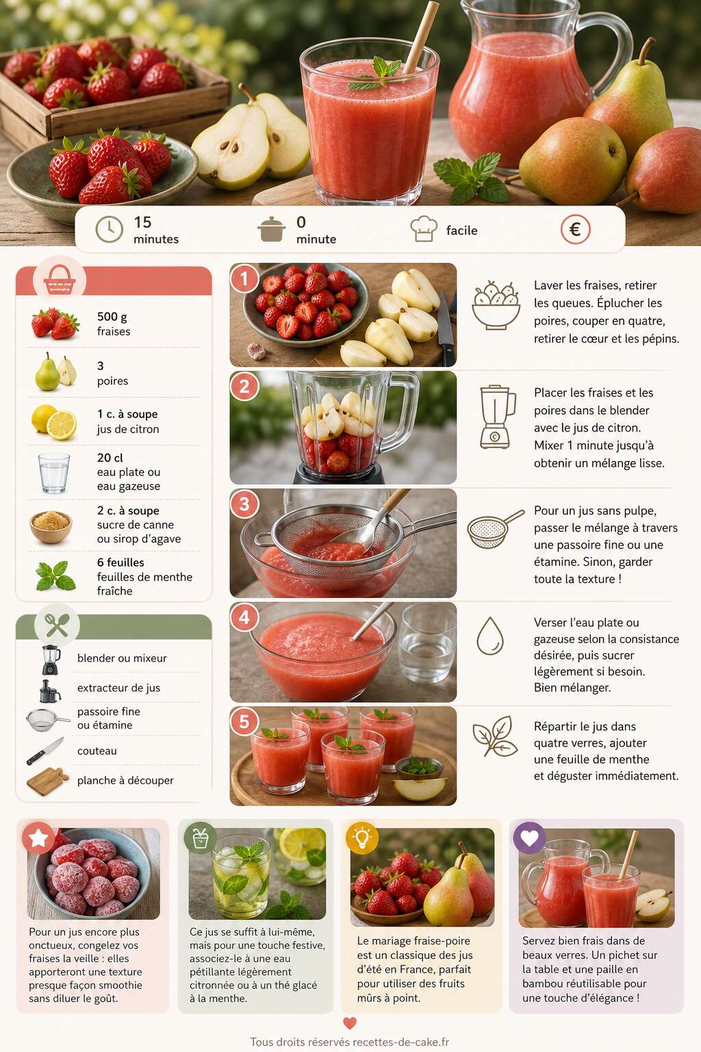 Fiche recette Jus de fraises et poires : recette facile et rafraîchissante Fiche recette Jus de fraises et poires : recette facile et rafraîchissante