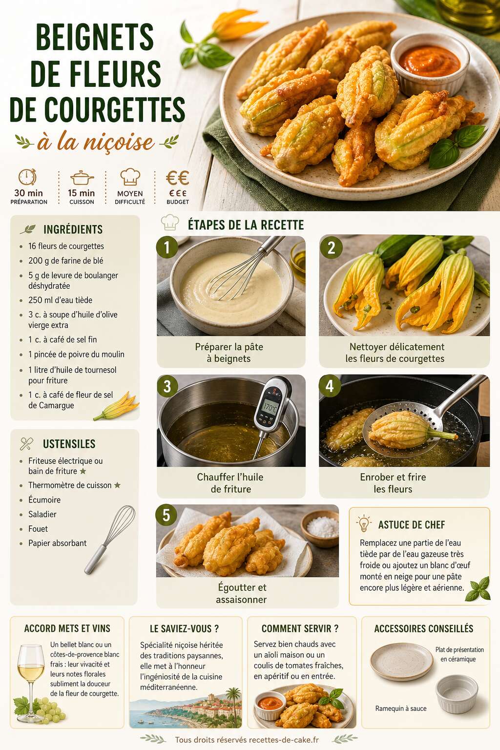 Fiche recette Recette traditionnelle : beignets de fleurs de courgettes à la niçoise Fiche recette Recette traditionnelle : beignets de fleurs de courgettes à la niçoise