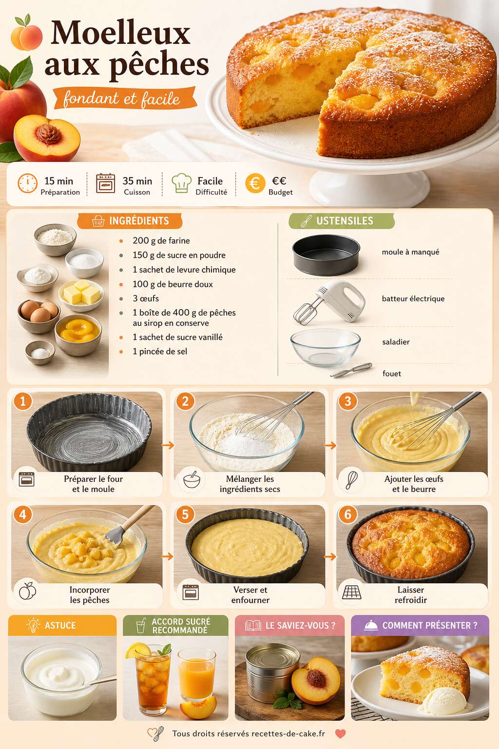 Fiche recette Recette du moelleux aux pêches fondant et facile Fiche recette Recette du moelleux aux pêches fondant et facile