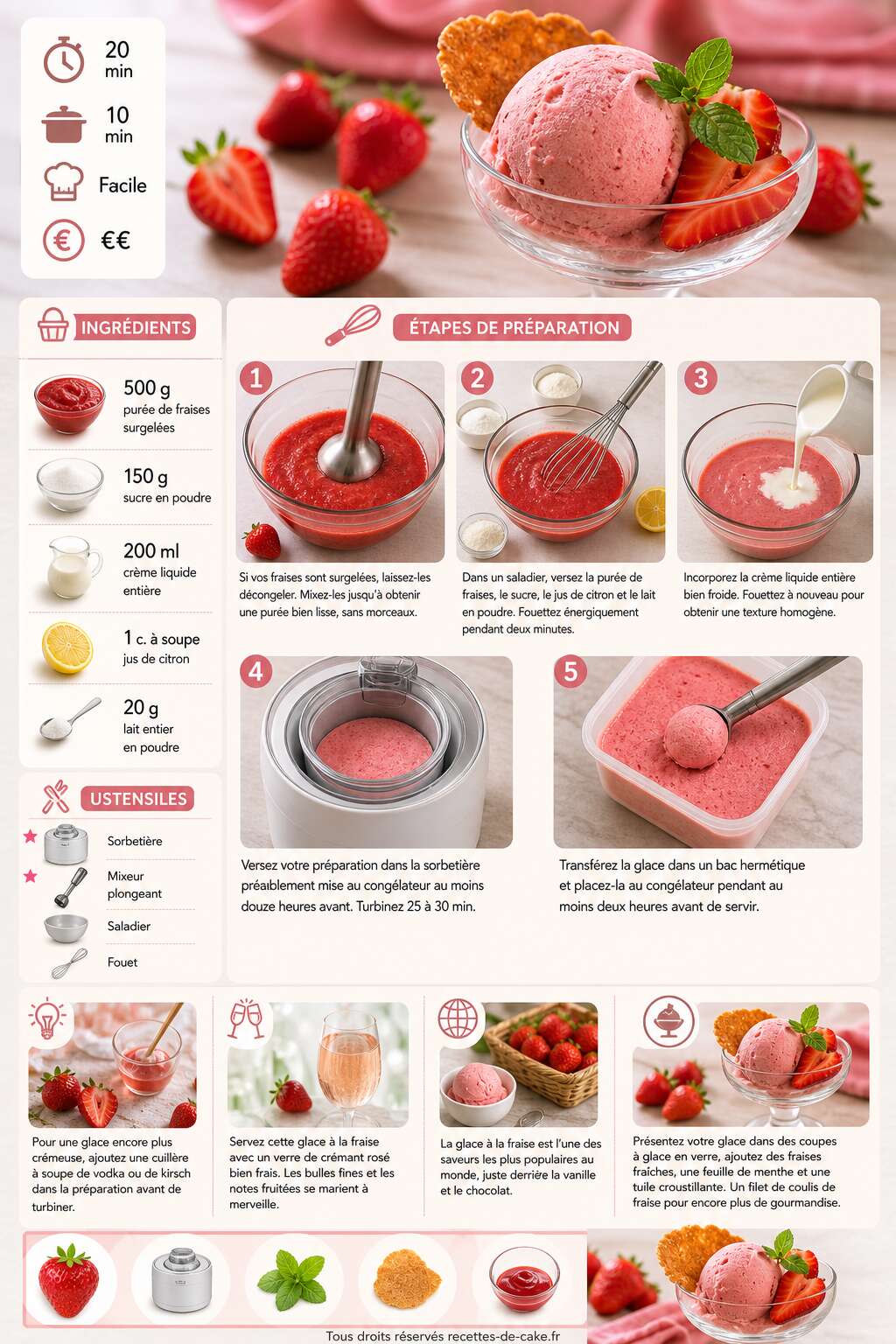 Fiche recette Glace à la fraise maison avec sorbetière : recette facile et rapide Fiche recette Glace à la fraise maison avec sorbetière : recette facile et rapide