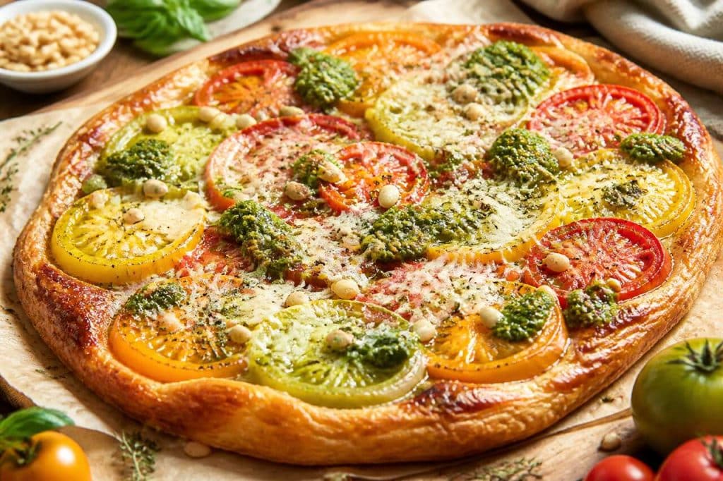 Tarte fine au Grana Padano, tomates multicolores et pesto : recette gourmande