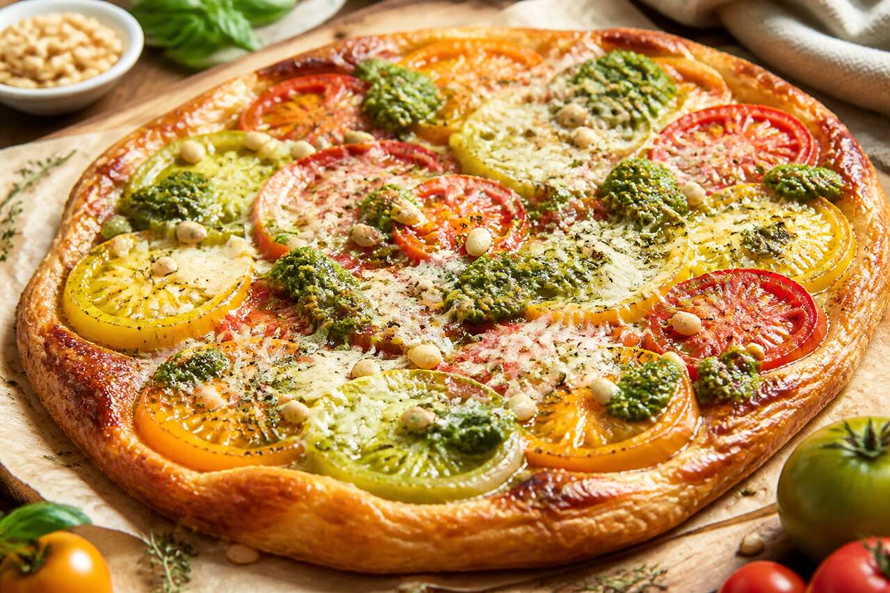 Tarte fine au Grana Padano, tomates multicolores et pesto : recette gourmande