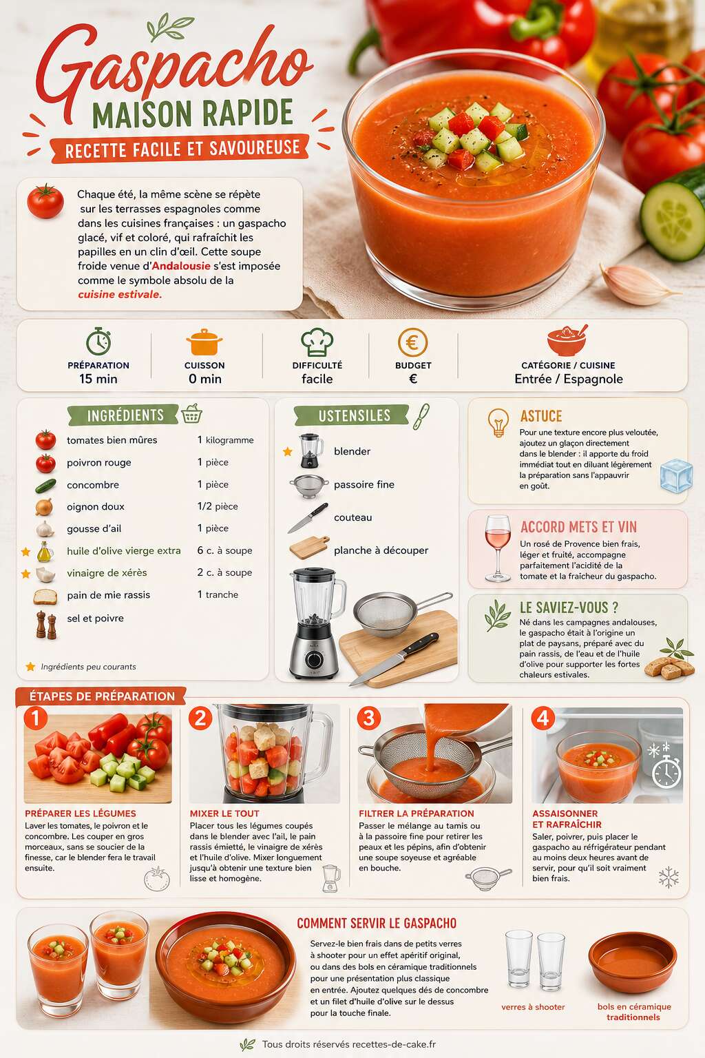 Fiche recette Gaspacho maison rapide : recette facile et savoureuse Fiche recette Gaspacho maison rapide : recette facile et savoureuse