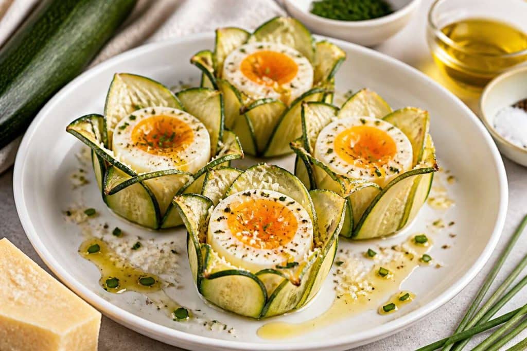 Tulipe de courgette et œuf mollet : recette gourmande