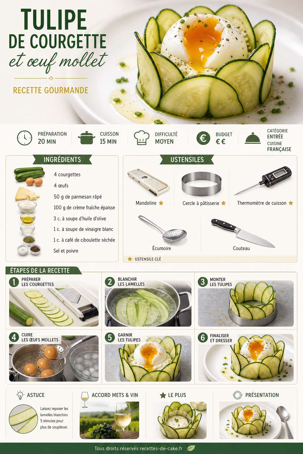 Fiche recette Tulipe de courgette et œuf mollet : recette gourmande Fiche recette Tulipe de courgette et œuf mollet : recette gourmande