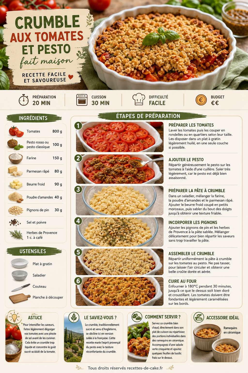 Fiche recette Crumble aux tomates et pesto fait maison : recette facile et savoureuse Fiche recette Crumble aux tomates et pesto fait maison : recette facile et savoureuse