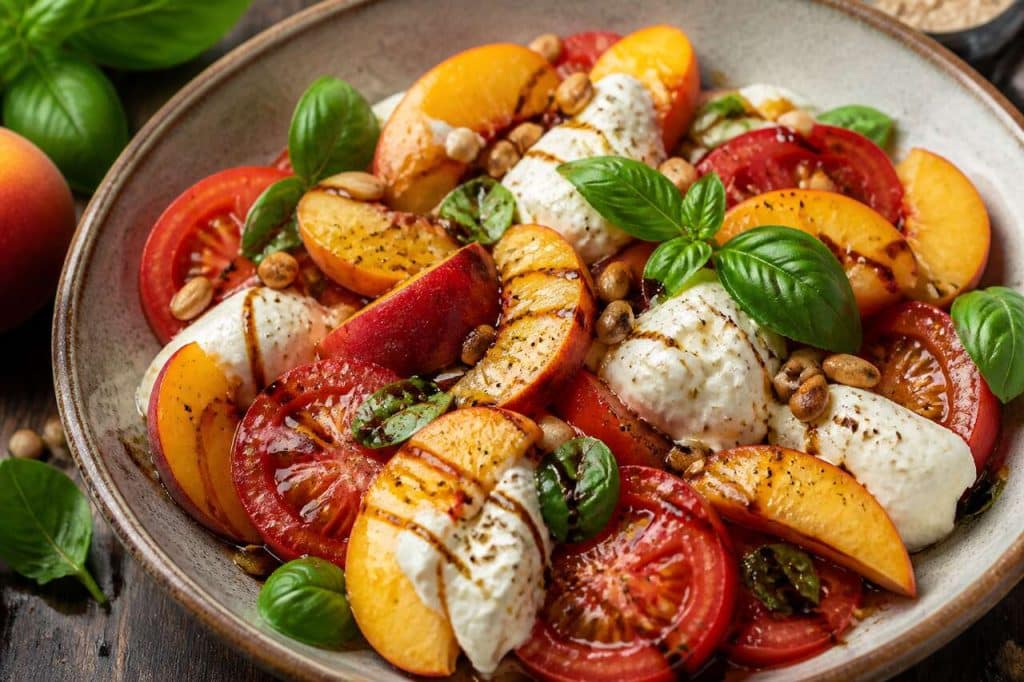 Salade de tomates, pêches et burrata