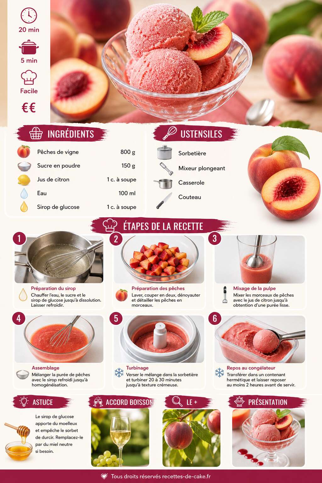 Fiche recette Sorbet aux pêches de vigne : recette facile et rafraîchissante Fiche recette Sorbet aux pêches de vigne : recette facile et rafraîchissante