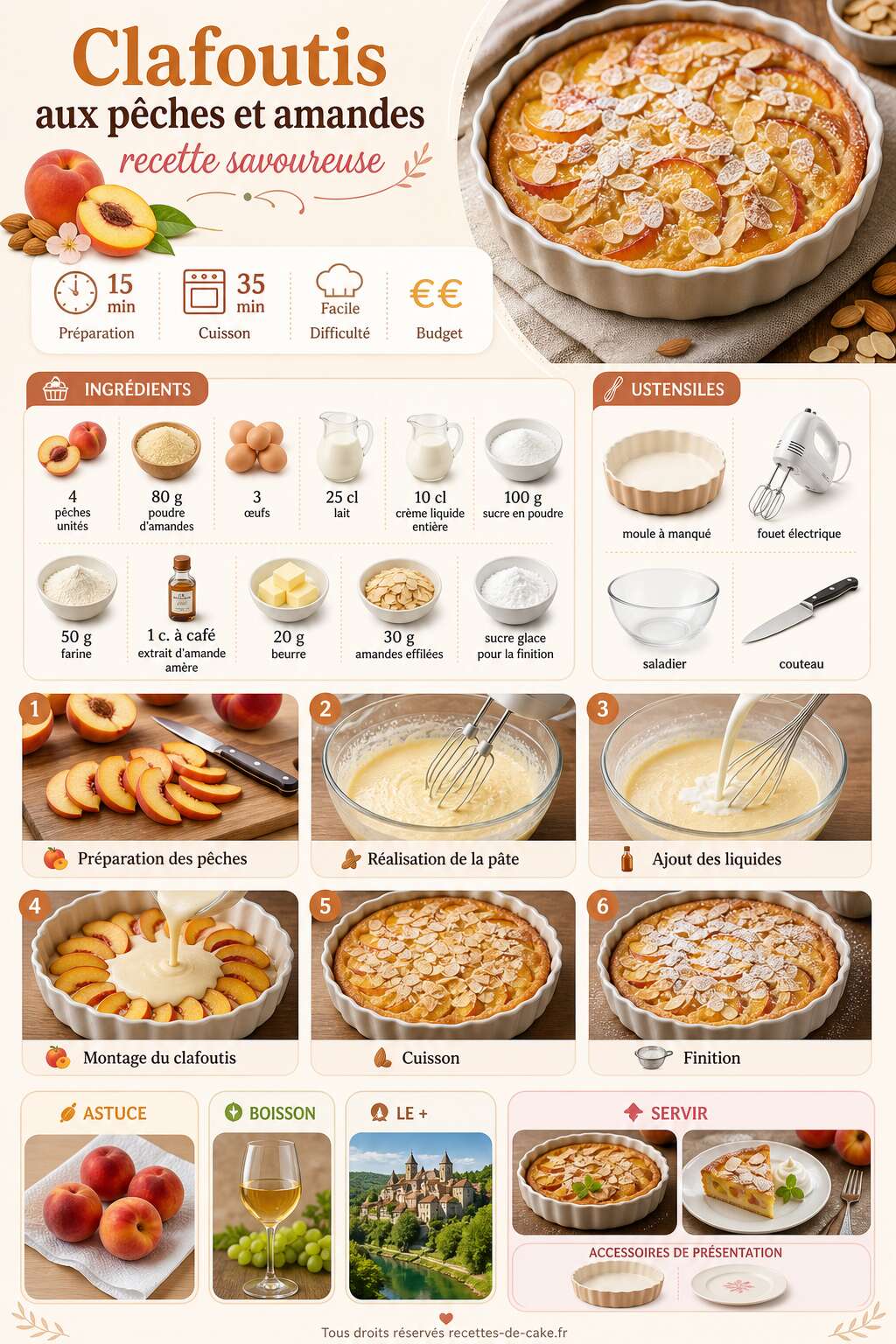 Fiche recette Clafoutis aux pêches et amandes : recette savoureuse Fiche recette Clafoutis aux pêches et amandes : recette savoureuse