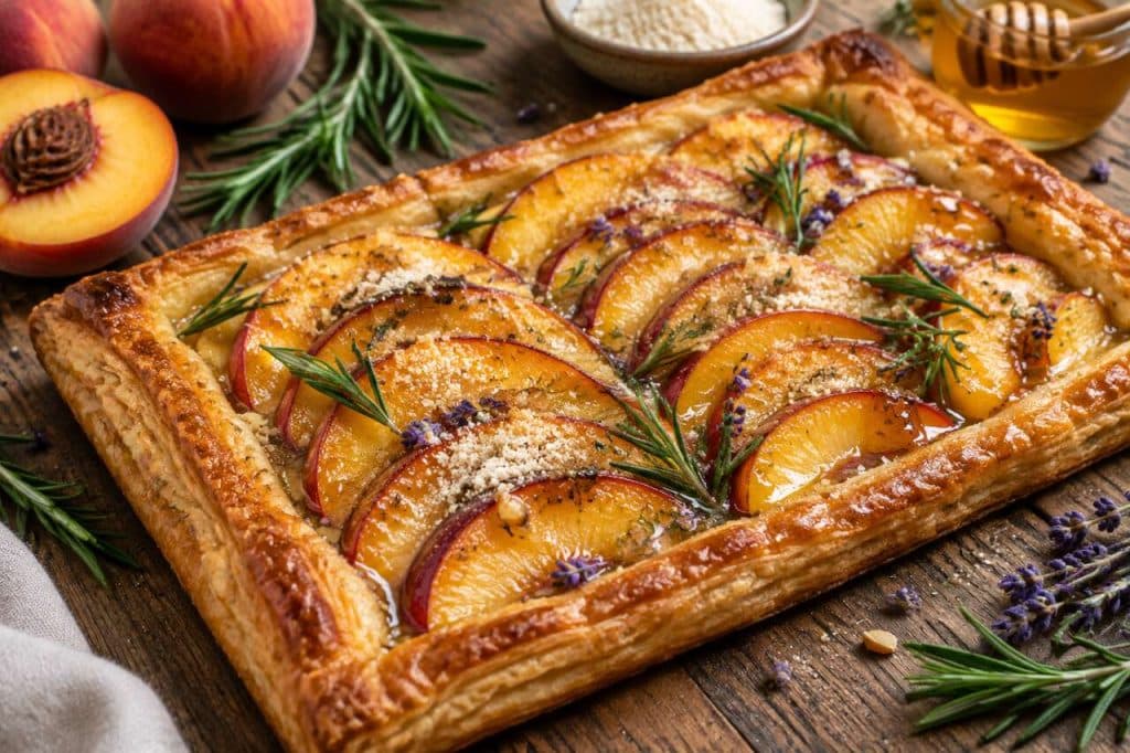 Tarte aux pĂȘches et romarin : recette gourmande et facile