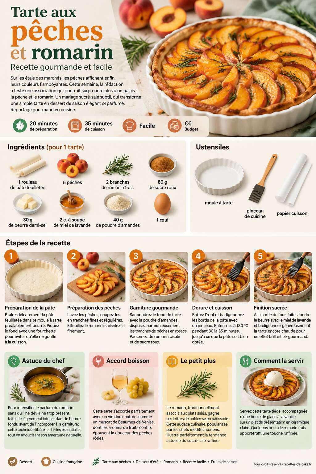 Fiche recette Tarte aux pêches et romarin : recette gourmande et facile Fiche recette Tarte aux pêches et romarin : recette gourmande et facile