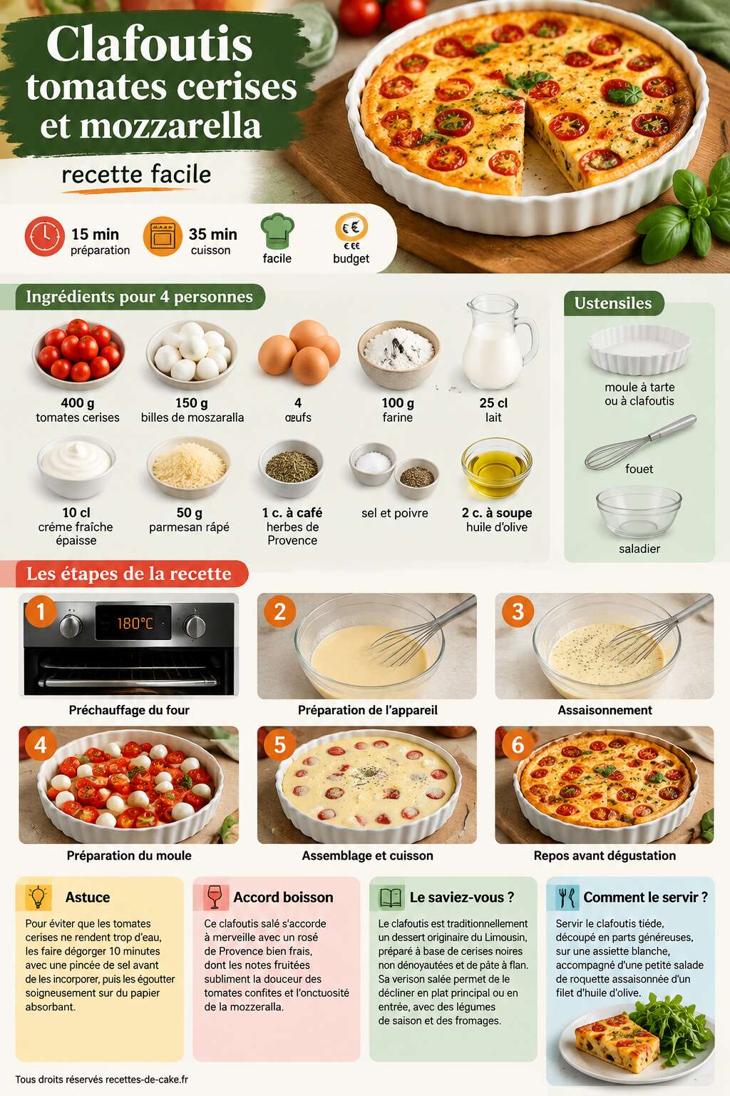 Fiche recette Clafoutis tomates cerises et mozzarella : recette facile Fiche recette Clafoutis tomates cerises et mozzarella : recette facile
