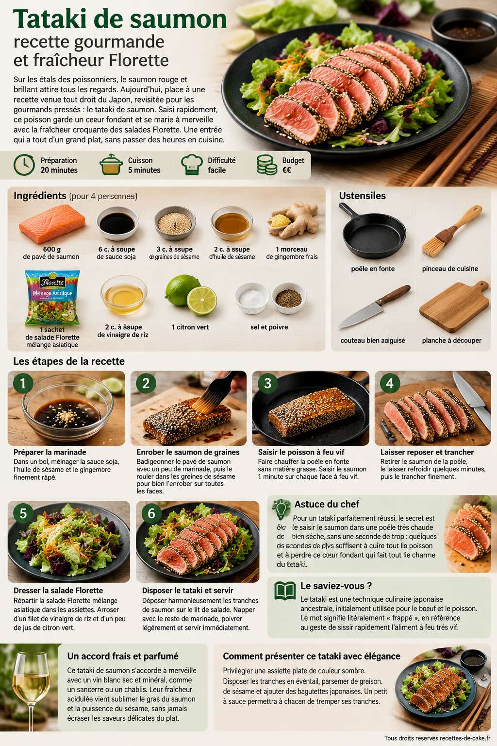 Fiche recette Tataki de saumon : recette gourmande et fraîcheur Florette Fiche recette Tataki de saumon : recette gourmande et fraîcheur Florette