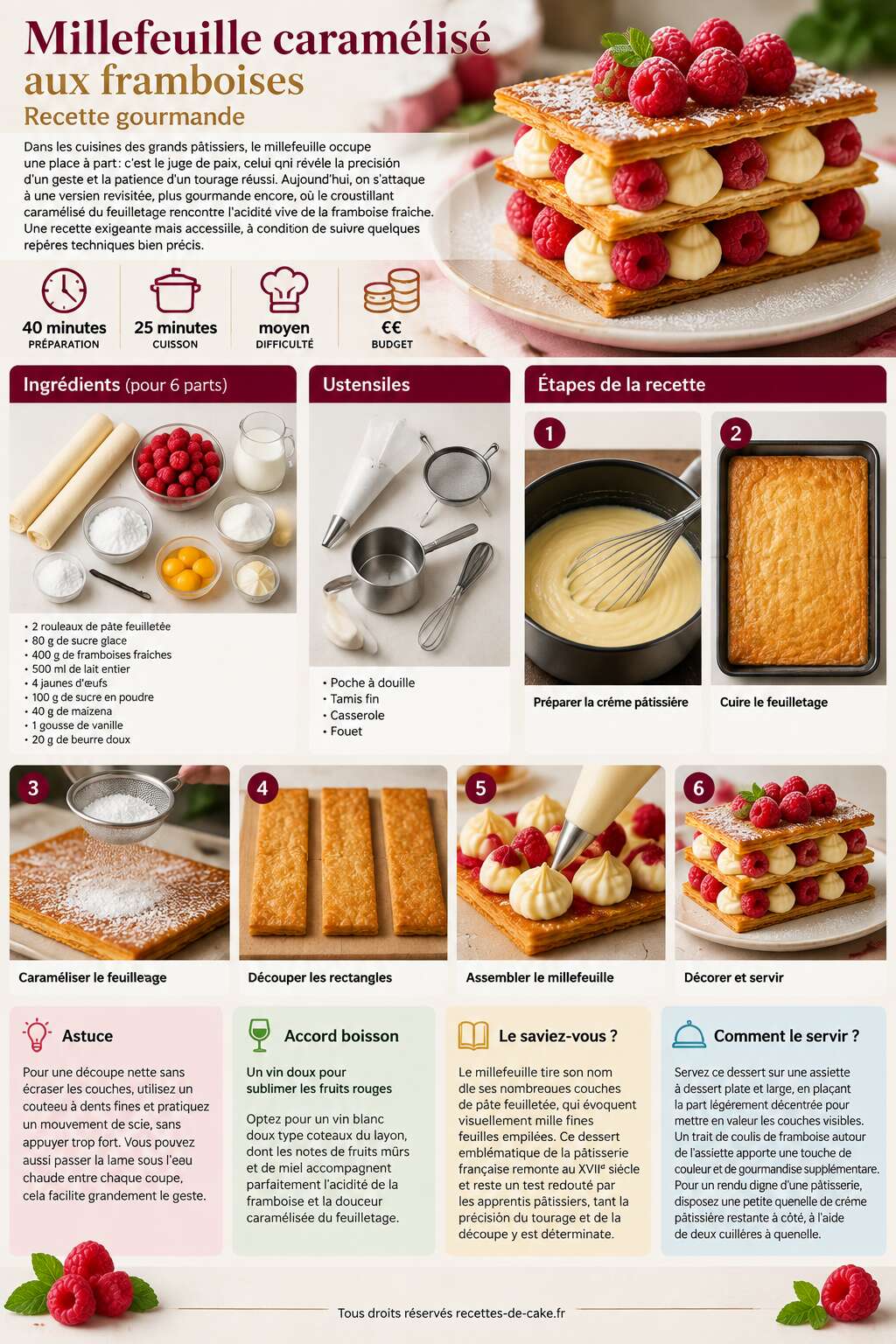 Fiche recette Millefeuille caramélisé aux framboises : recette gourmande Fiche recette Millefeuille caramélisé aux framboises : recette gourmande