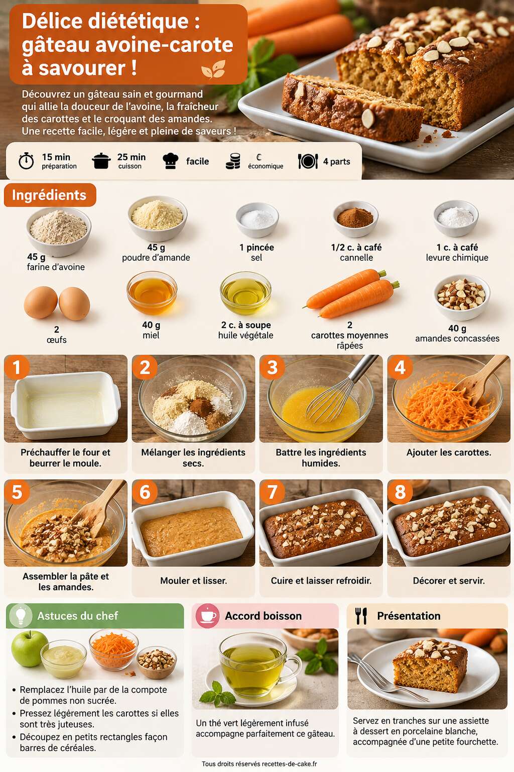 Fiche recette D&eacute;lice di&eacute;t&eacute;tique : g&acirc;teau avoine-carotte &agrave; savourer !