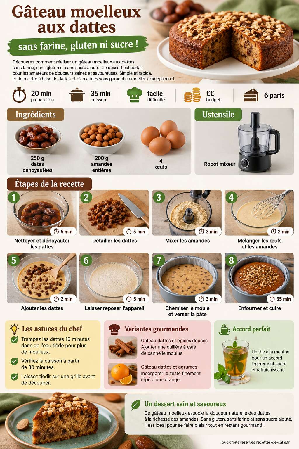 Fiche recette Gâteau moelleux aux dattes : sans farine, gluten ni sucre ! Fiche recette Gâteau moelleux aux dattes : sans farine, gluten ni sucre !