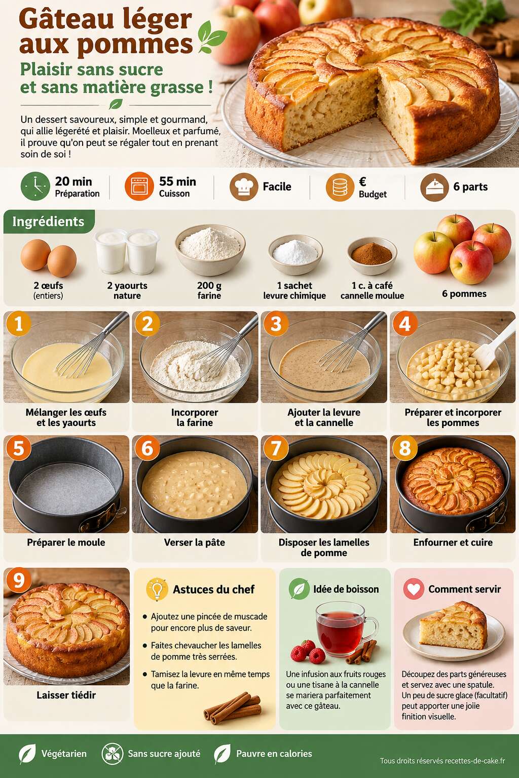Fiche recette Gâteau léger aux pommes : plaisir sans sucre et sans matière grasse ! Fiche recette Gâteau léger aux pommes : plaisir sans sucre et sans matière grasse !
