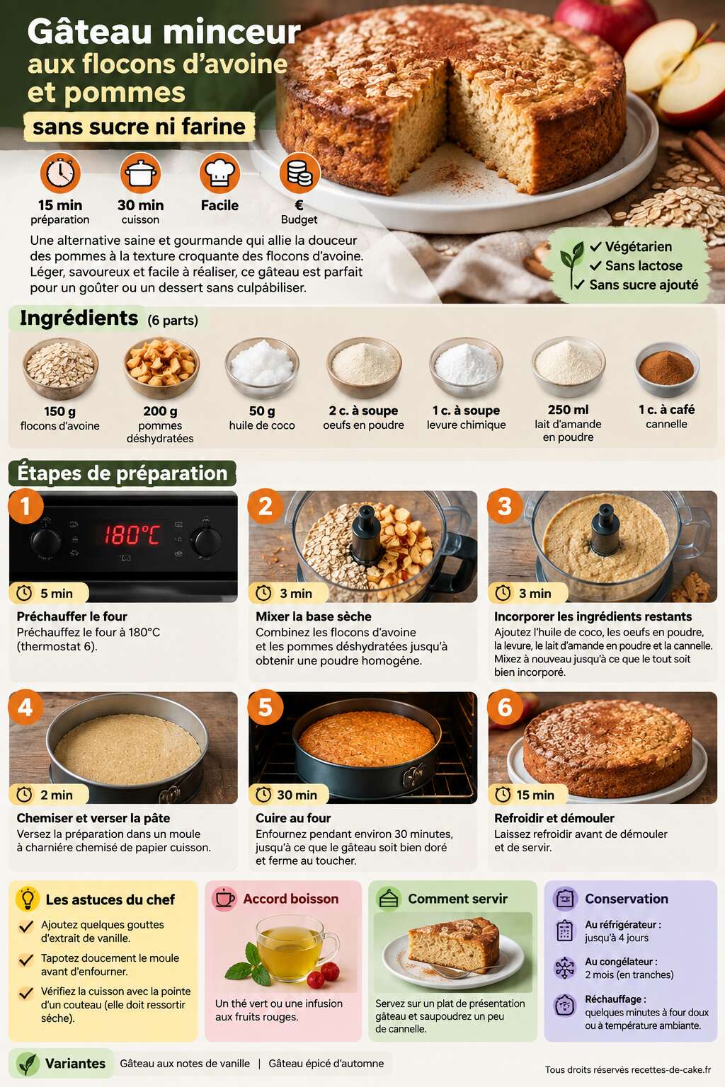 Fiche recette Gâteau minceur aux flocons d'avoine et pommes sans sucre ni farine Fiche recette Gâteau minceur aux flocons d'avoine et pommes sans sucre ni farine