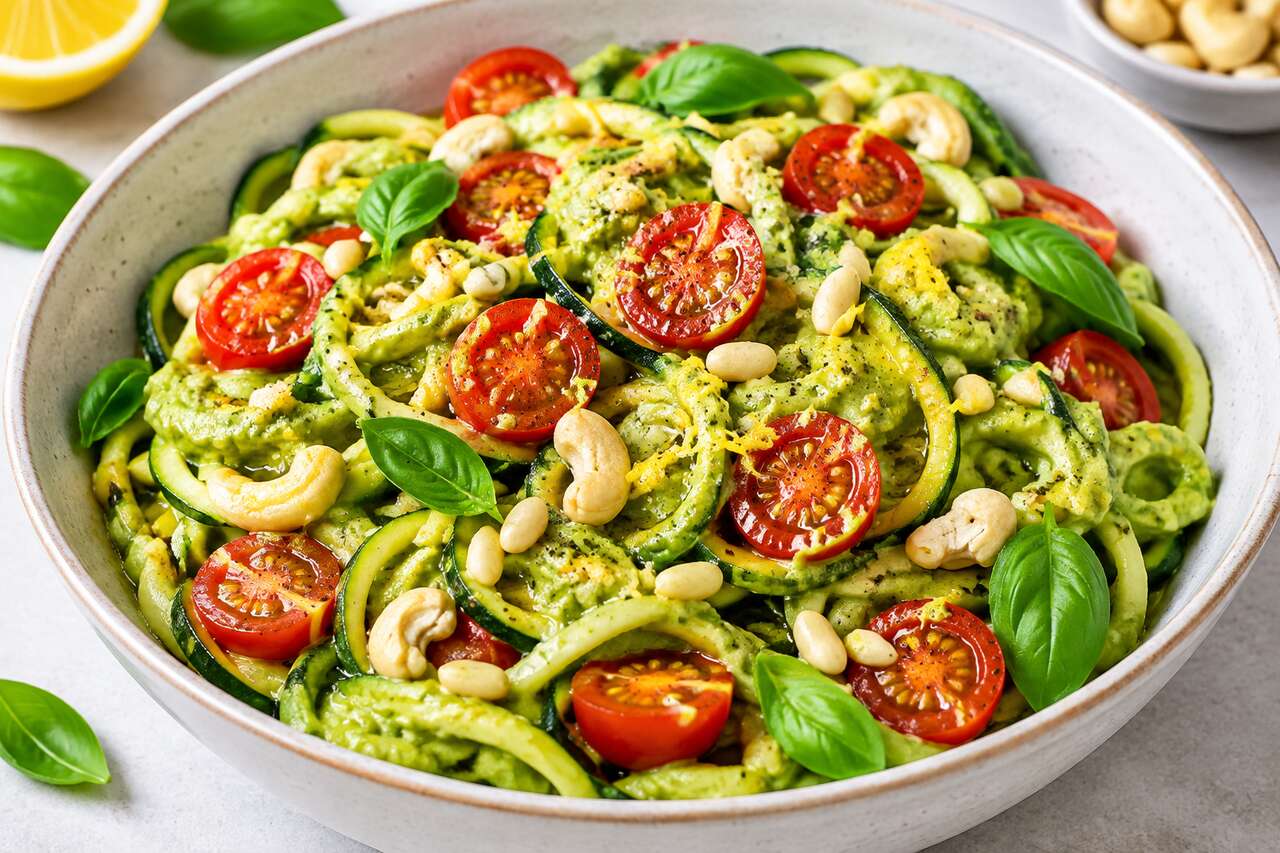 Recette : zoodles, spaghetti de courgettes au pesto d'avocat et tomates cerises