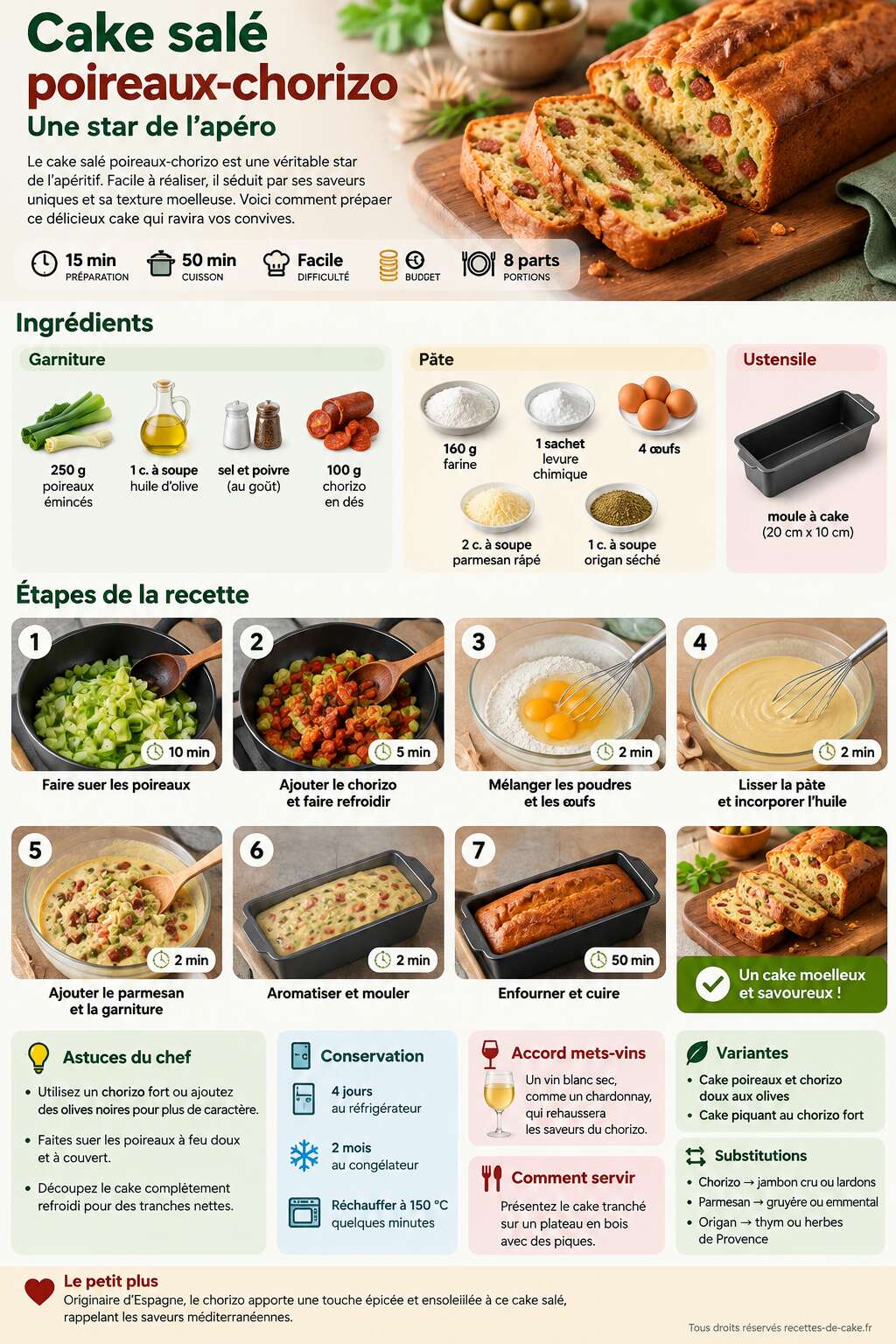 Fiche recette Cake salé poireaux-chorizo : une star de l'apéro Fiche recette Cake salé poireaux-chorizo : une star de l'apéro