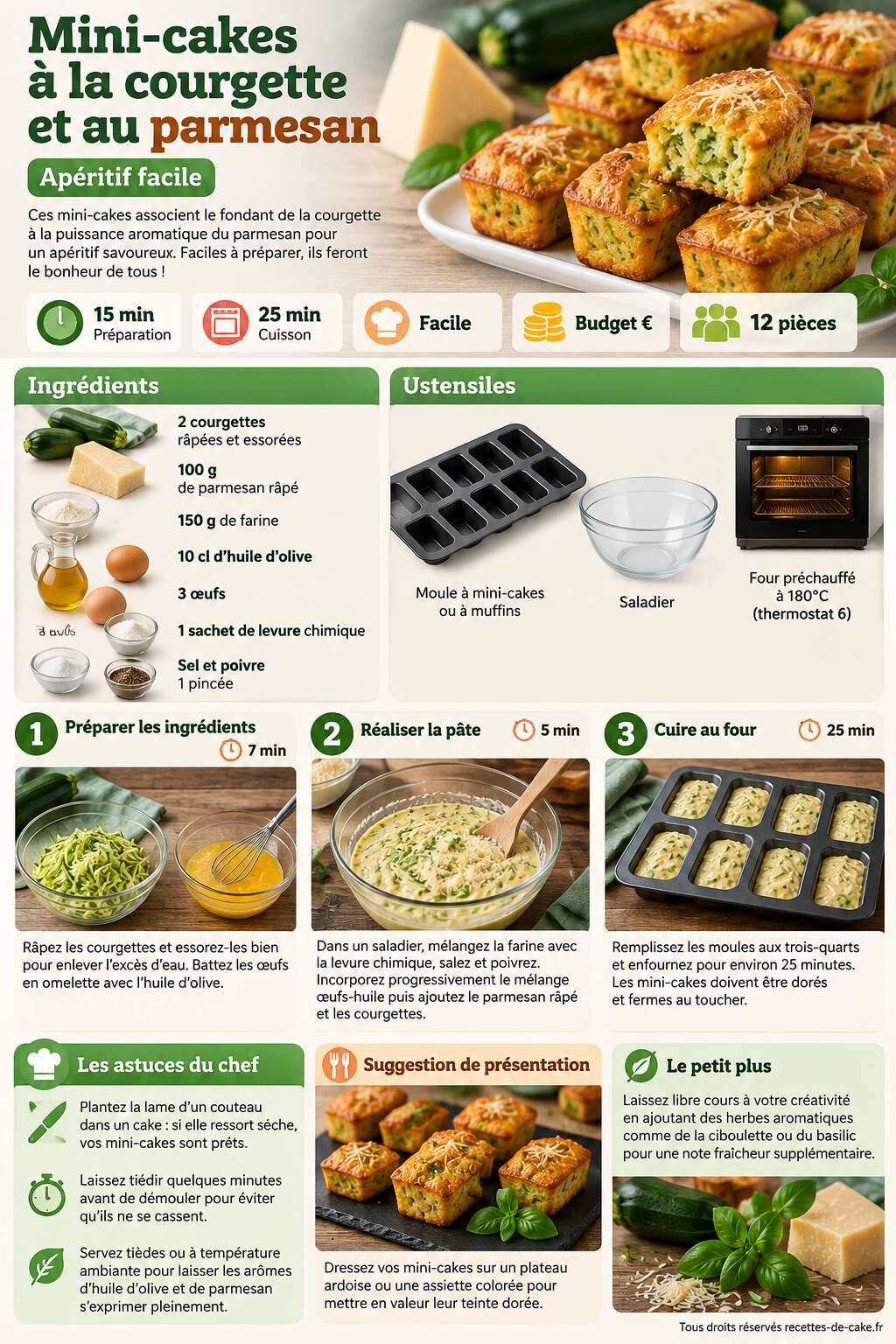 Fiche recette Recette de mini-cakes à la courgette et au parmesan – Apéritif facile Fiche recette Recette de mini-cakes à la courgette et au parmesan – Apéritif facile