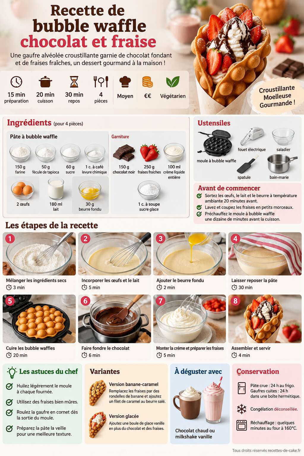 Fiche recette Recette de bubble waffle chocolat et fraise Fiche recette Recette de bubble waffle chocolat et fraise