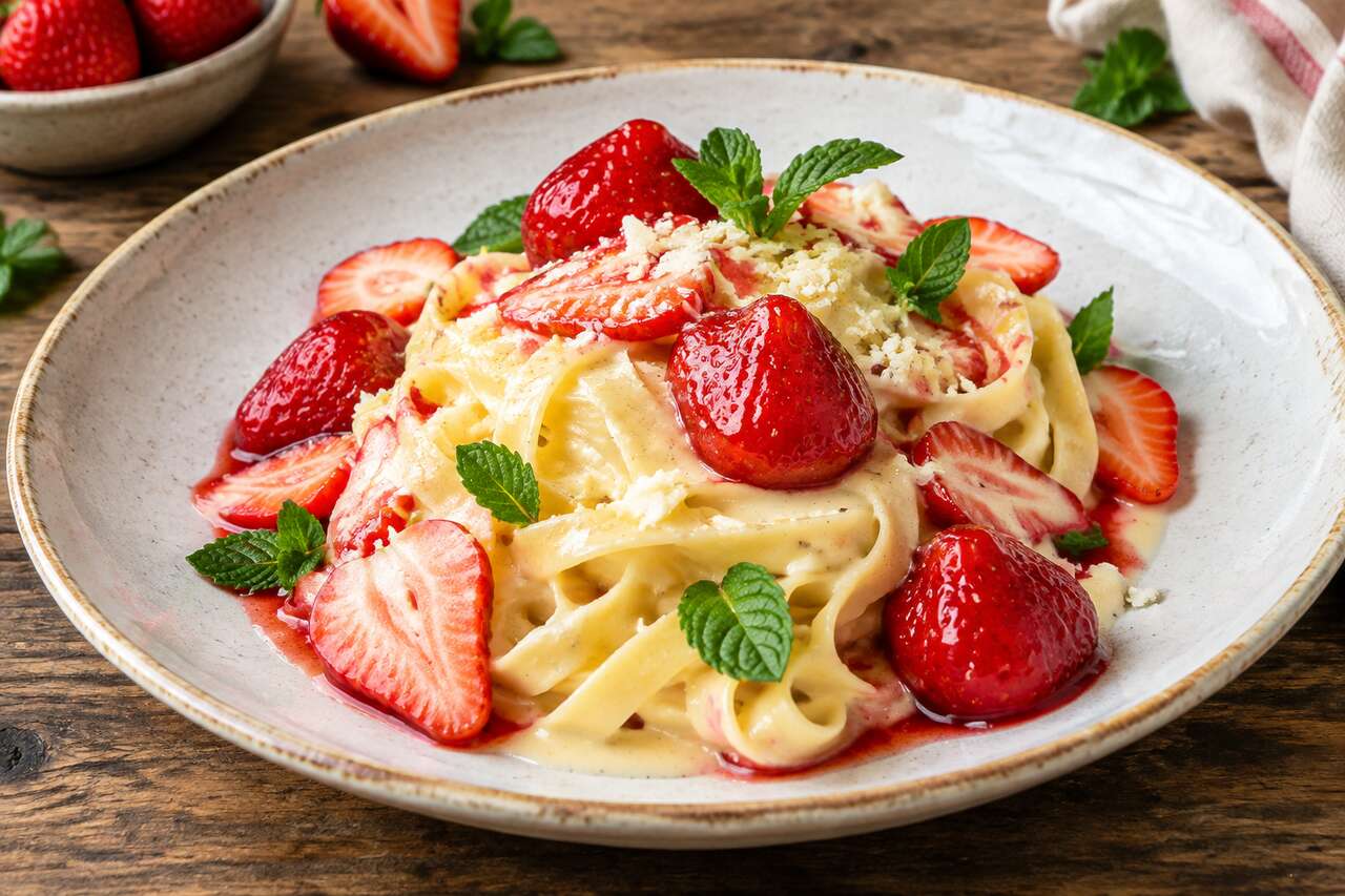 Pâtes à la crème cheese et fraises : recette gourmande