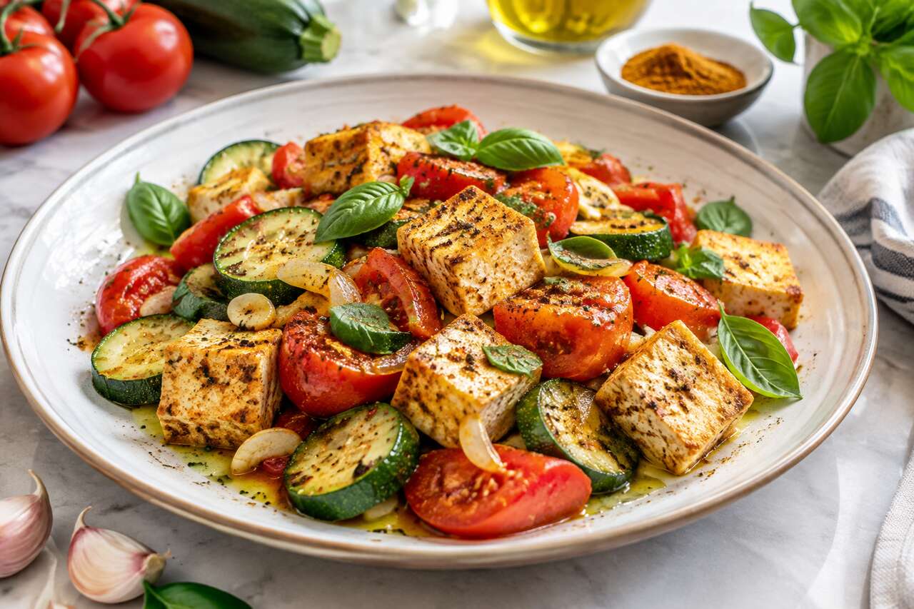 Recette : tofu aux tomates et courgettes